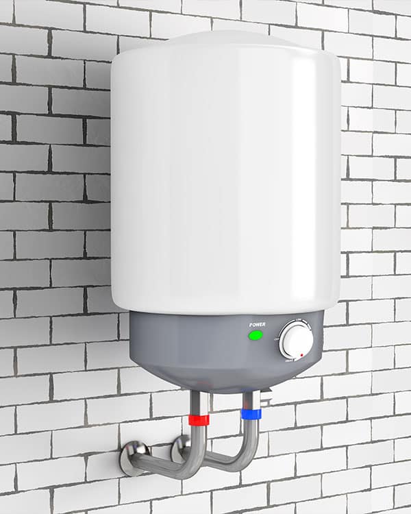 a tankless water heater affixed to a white tile wall